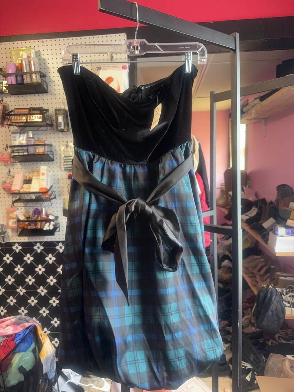 New York & Company Strapless Velvet Plaid Bubble Dress Size Large